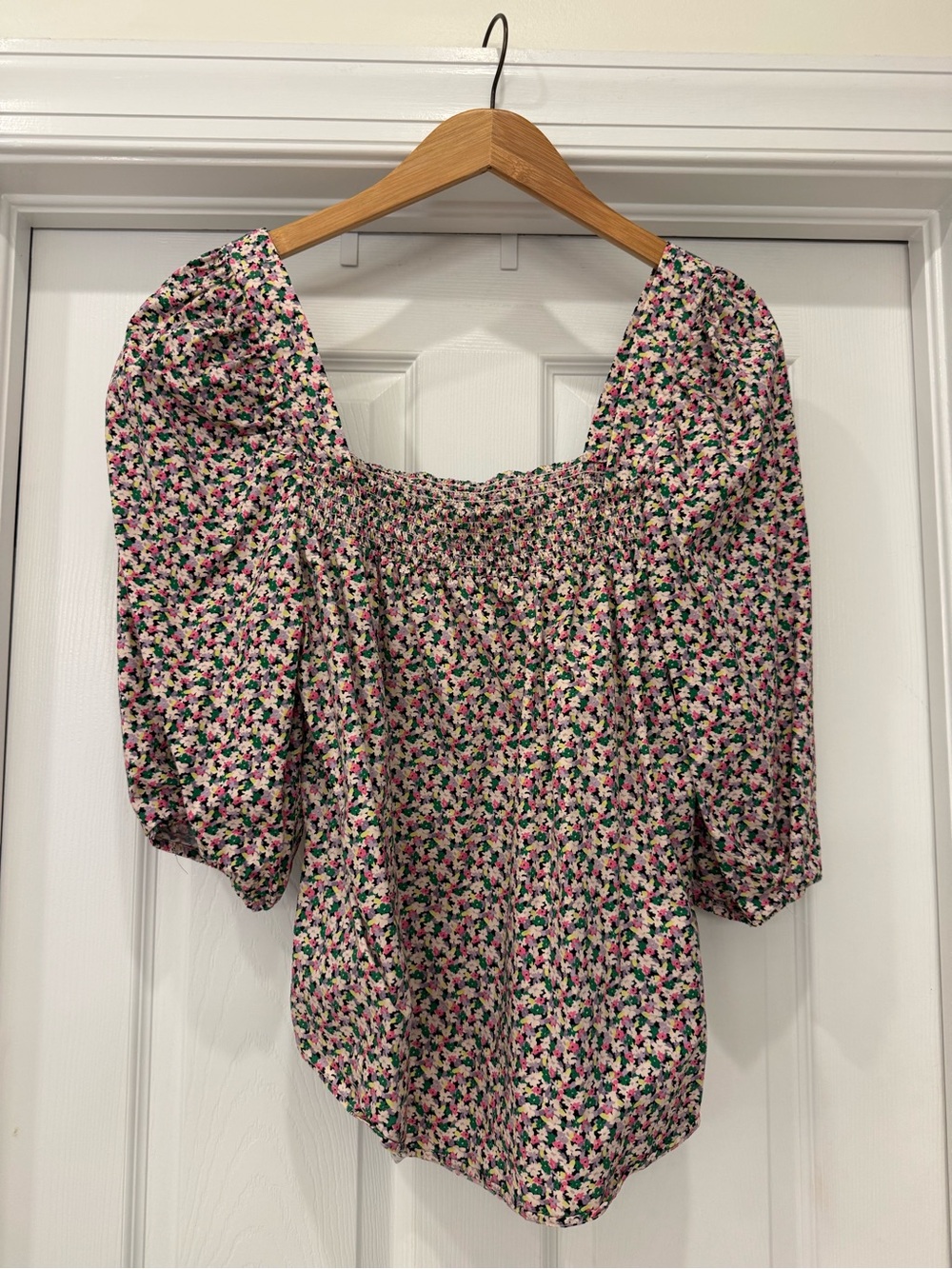 H&M Pink and Green Floral Square-Neck Puff Sleeve Blouse
